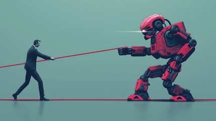 Obraz premium vector cartoon man vs robot pulling rope competition.