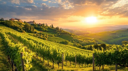 Fototapeta premium Vineyards in the Countryside with Rolling Hills and a Sunset in the Background