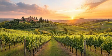 Fototapeta premium Vineyards in the Countryside with Rolling Hills and a Sunset in the Background
