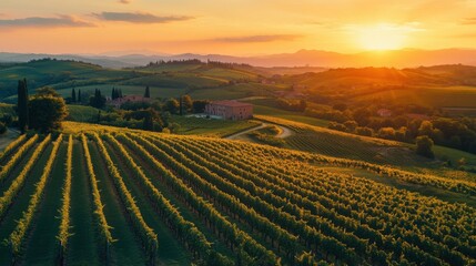 Obraz premium Vineyards in the Countryside with Rolling Hills and a Sunset in the Background