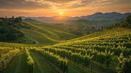 Fototapeta premium Vineyards in the Countryside with Rolling Hills and a Sunset in the Background