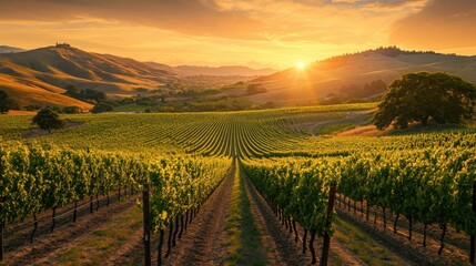Fototapeta premium Vineyards in the Countryside with Rolling Hills and a Sunset in the Background