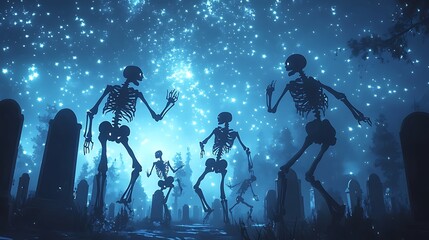 Fototapeta premium A fun, spooky cartoon-style scene of skeletons dancing in a foggy graveyard. The night sky is filled with twinkling stars, and tombstones cast long shadows. The skeletons are moving energetically,
