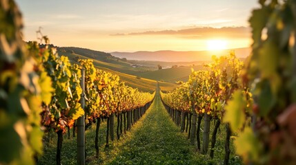 Naklejka premium Vineyards in the Countryside with Rolling Hills and a Sunset in the Background