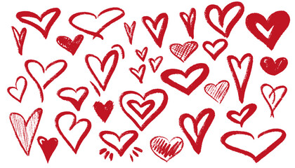 Hearts in different pose collections. Hand draw crayon heart illustration with different style. Vector illustration isolated on the white background 