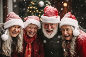 Portrait of smiling seniors in front of nursing home wearing Santa hats