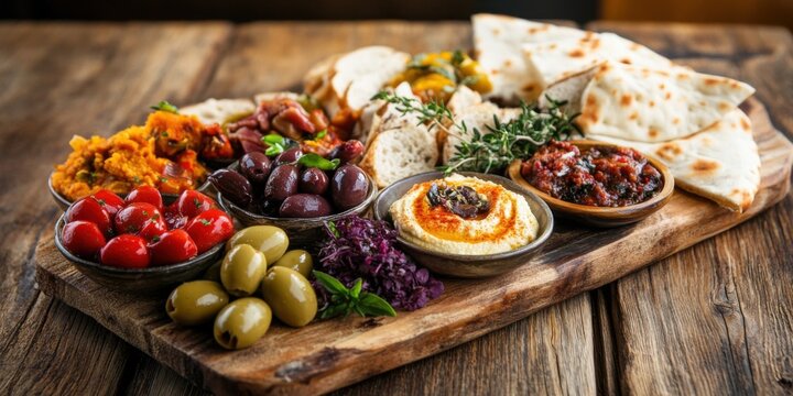 Colorful Greek Mezze Platter with Olives, Hummus, and Pita Bread on a Wooden Table