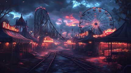 A haunted carnival illustration, cartoon style, with a broken roller coaster track, abandoned food stalls, and tattered tents. Eerie lights illuminate the area,