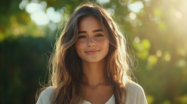 kobieta, piękna, długie włosy, europejka, biała bluzka, park, słońce, uśmiech, delikatny makijaż, casual, fotografia lifestyle, Canon EOS R3, przysłona f/2.0, bokeh, naturalne światło, realizm, plener