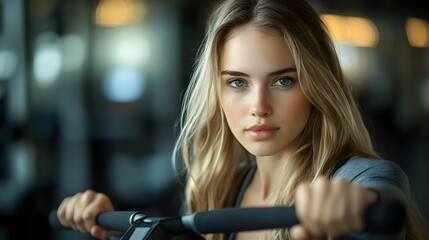 Naklejka premium kobieta, trening, siłownia, blondynka, sportowy strój, ćwiczenie, stock photo, Canon EOS R3, przysłona f/2.0, nowoczesna siłownia, aktywność fizyczna, fitness, kobieta w ruchu, trening siłowy, zdrowy,