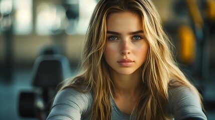 Naklejka premium kobieta, trening, siłownia, blondynka, sportowy strój, ćwiczenie, stock photo, Canon EOS R3, przysłona f/2.0, nowoczesna siłownia, aktywność fizyczna, fitness, kobieta w ruchu, trening siłowy, zdrowy,