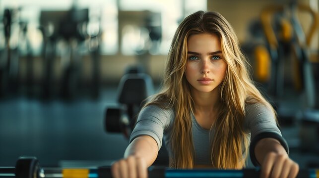 kobieta, trening, siłownia, blondynka, sportowy str&oacute;j, ćwiczenie, stock photo, Canon EOS R3, przysłona f/2.0, nowoczesna siłownia, aktywność fizyczna, fitness, kobieta w ruchu, trening siłowy, zdrowy,