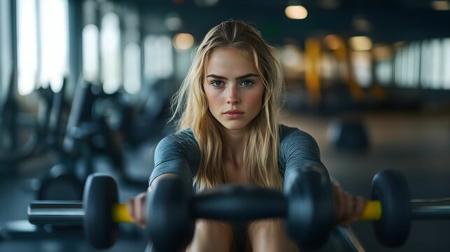 kobieta, trening, siłownia, blondynka, sportowy str&oacute;j, ćwiczenie, stock photo, Canon EOS R3, przysłona f/2.0, nowoczesna siłownia, aktywność fizyczna, fitness, kobieta w ruchu, trening siłowy, zdrowy,