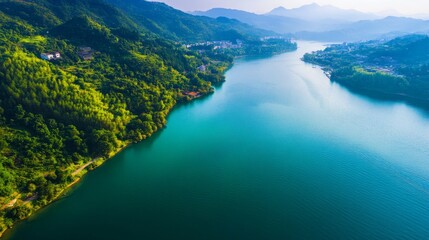 A breathtaking aerial view of a serene river winding its way through lush green hills, showcasing the tranquility of nature. The image captures the beauty of a winding river, green hills, and blue sky