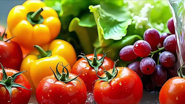 A colorful display of fresh fruits and vegetables being washed in clean water. Generative AI