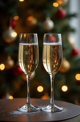 Two glasses of champagne against the background of a Christmas tree. Glasses of sparkling wine on a blurred background with highlights.