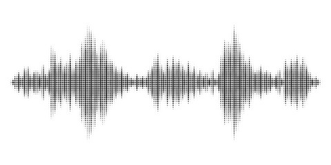 Black halftone vector sound waves flow isolated on a white background. Waveform pattern for music, dictaphone, podcast, voice message, or social media background. Spectral music frequency illustration