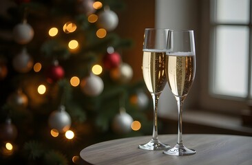 Two glasses of champagne against the background of a Christmas tree. Glasses of sparkling wine on a blurred background with highlights.