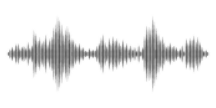 Black halftone vector sound waves flow isolated on a white background. Waveform pattern for music, dictaphone, podcast, voice message, or social media background. Spectral music frequency illustration