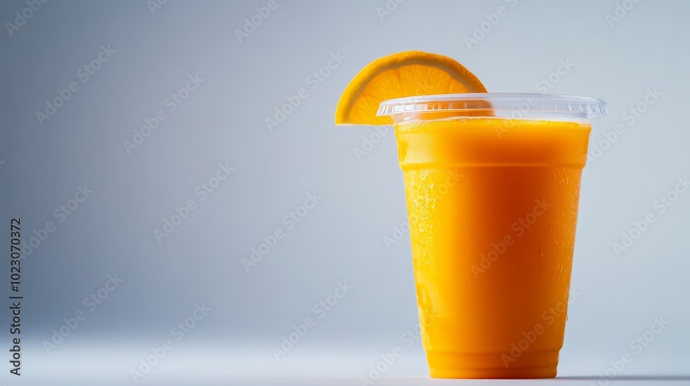 Poster A close-up of a refreshing orange juice in a plastic cup, garnished with a slice of orange. The perfect summer drink, healthy and delicious.