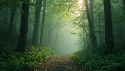 Obraz premium Forest Pathway With Sunlight And Misty Ambiance