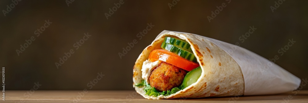 Wall mural A close-up shot of a falafel wrap filled with hummus, lettuce, cucumber, and tomato. It's a perfect healthy and tasty snack or meal.