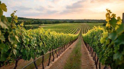 Fototapeta premium Expansive vineyard landscape with lush green grapevines under a colorful sunset sky, showcasing rows of grape plants.