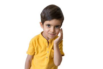 Children toothache. Portrait of little boy touching cheek, dental health problems.