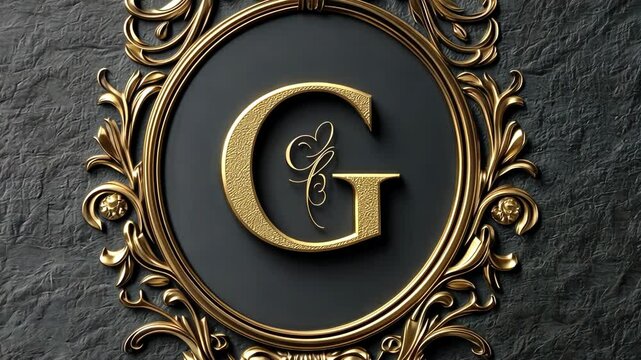 A golden letter G in an ornate frame, set against a dark background