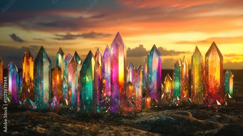 Poster a stunning display of colorful crystals reflecting light at sunset, creating a magical and serene na