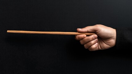 Hand holding a long wooden stick against a dark background, demonstrating a grasping gesture.