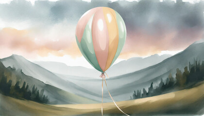 A colorful hot air balloon gently floats above tranquil hills at dawn, reflecting soft hues of morning light in the sky