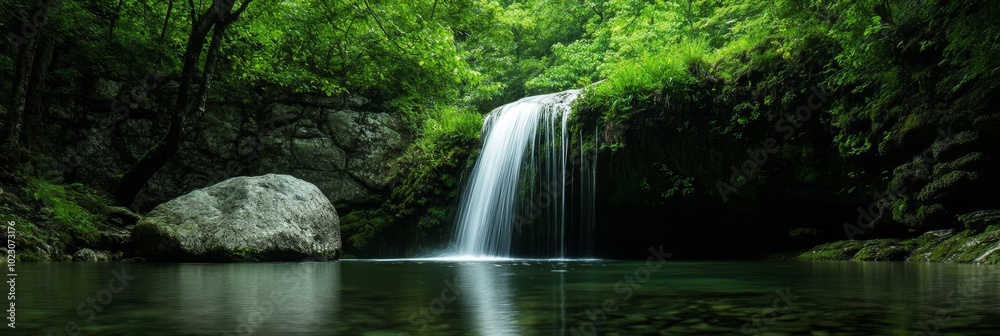 Canvas Prints A serene waterfall cascades into a crystal-clear pool surrounded by lush green foliage, symbolizing nature's beauty, tranquility, peace, renewal, and serenity.