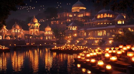Naklejka premium A serene night scene of a lakeside city illuminated by glowing lamps, reflecting a peaceful and magical ambiance.