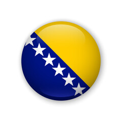Realistic glossy button with flag of Bosnia and Herzegovina. 3d vector element with shadow. Best for mobile apps, UI and web design.