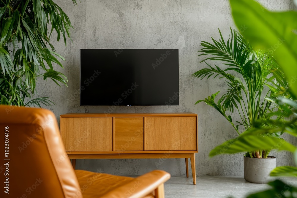 Sticker A stylish and modern living room interior featuring a wooden cabinet with a flat-screen TV, a comfortable armchair, and lush potted plants. The concrete wall adds a touch of industrial chic to the spa