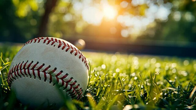 A baseball rests in the grass on a sunny day