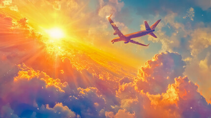 Naklejka premium A plane flying through a clear sky towards the horizon, symbolizing hope.