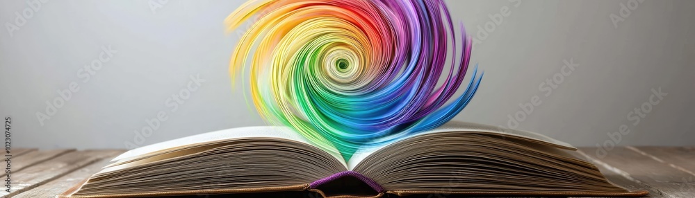 Poster an open book with a colorful spiral emerging from its pages, symbolizing creativity and imagination.