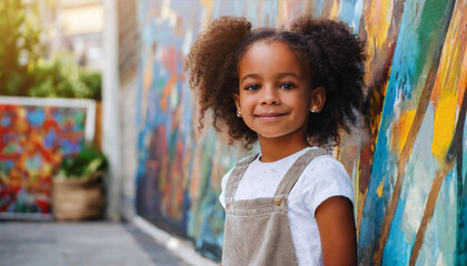 Joyful young girl in overalls poses with a vibrant mural in a colorful urban setting during daylight