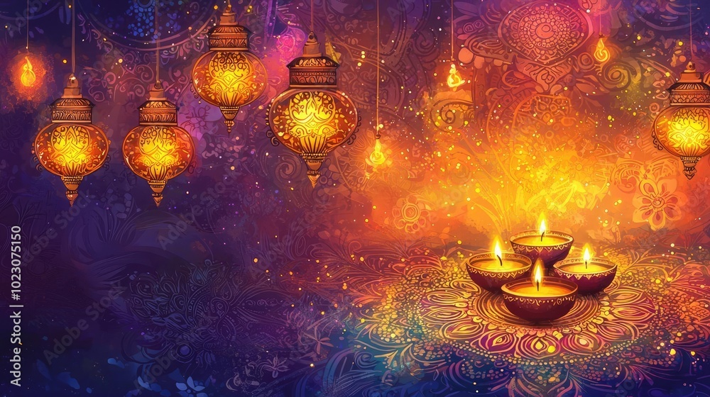 Aufkleber a vibrant celebration scene with glowing lamps and festive lights, creating an enchanting atmosphere