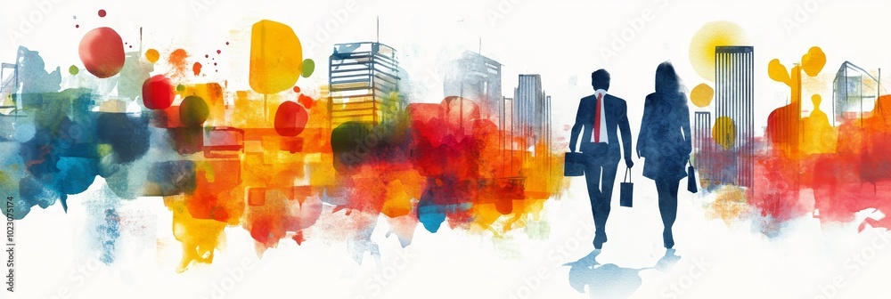 Canvas Prints A watercolor painting depicting two business professionals walking towards a colorful cityscape, symbolizing growth, progress, and opportunity in the urban environment.