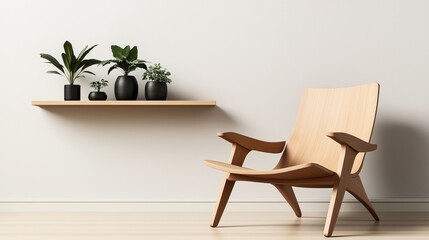Minimalist interior with a wooden chair and floating shelf with potted plants against a white wall