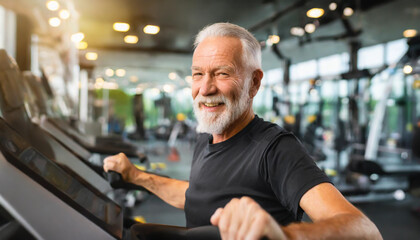 Senior man exercises on treadmill in modern gym during morning, promoting fitness and healthy lifestyle for older adults