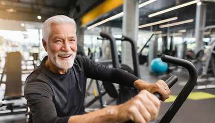 Senior man exercises on an elliptical machine in a modern gym during the morning while smiling at the camera