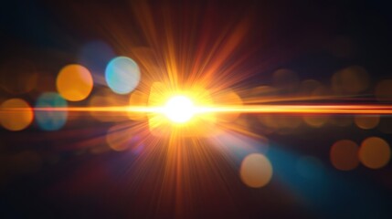 Bright lens flare with glowing light creates vibrant atmosphere, showcasing colorful bokeh effects that enhance visual appeal. This captures essence of light and color beautifully