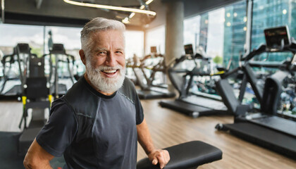Active senior man smiling in a modern gym surrounded by exercise equipment on a bright day