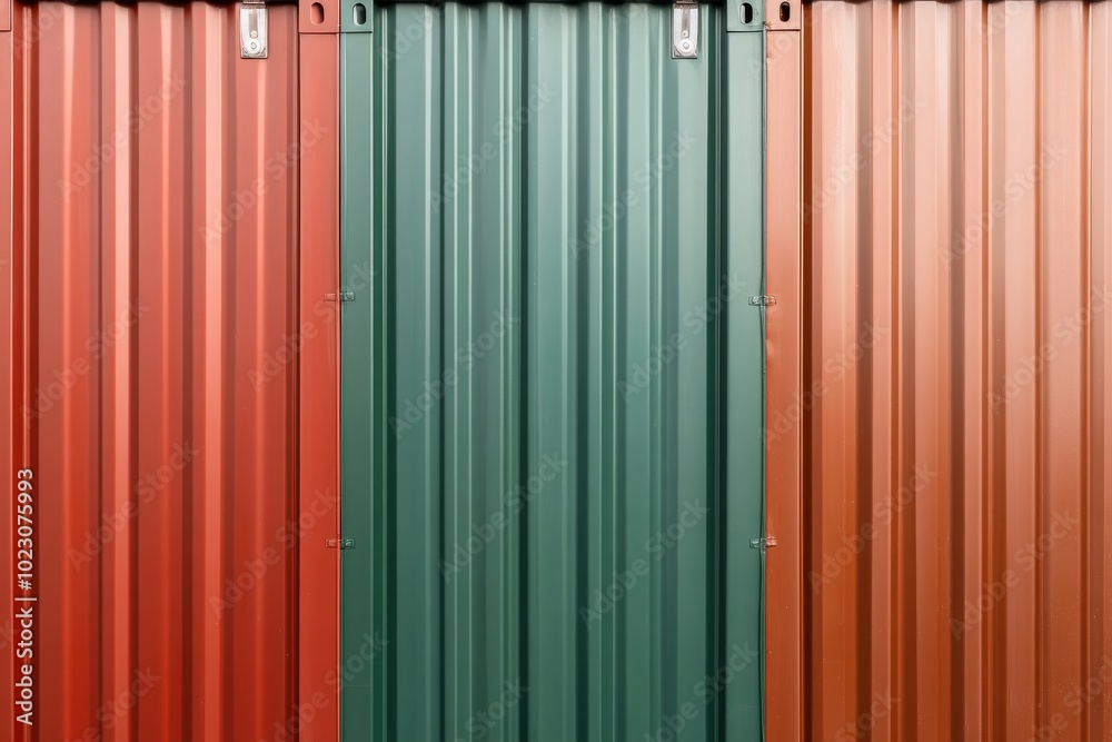 Canvas Prints Abstract geometric background featuring three panels of corrugated metal in various shades of green, orange, and red.  The panels create a modern and industrial aesthetic.