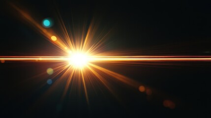 Bright lens flare with glowing light creates stunning visual effect, illuminating dark background with vibrant colors and radiating beams