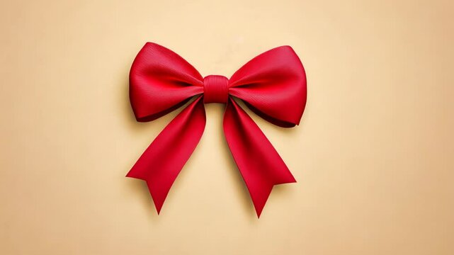 A red bow is tied against a light brown background